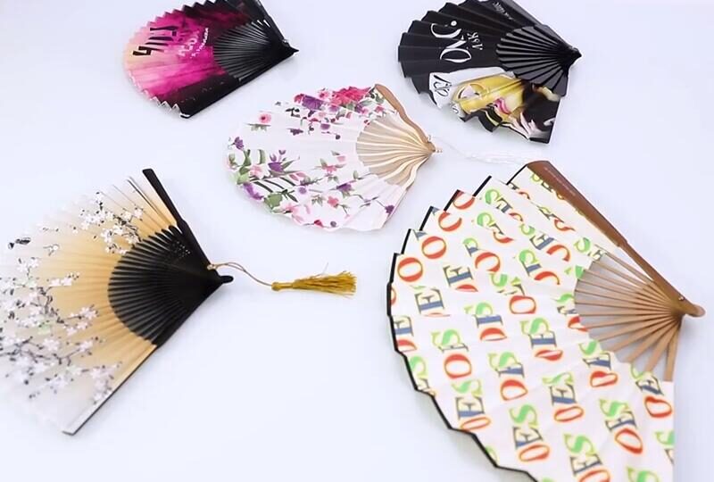 Fancy Black Bamboo Rib Polyester Hand Fan with Logo Custom